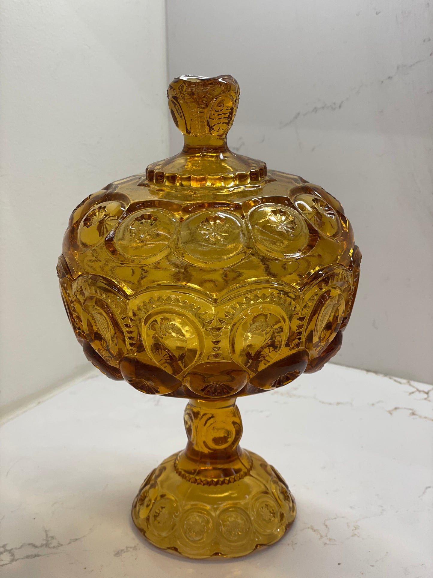 Lidded Amber Pedestal Bowl