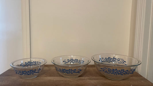 Clear/Blue Pyrex Bowls Set of 3