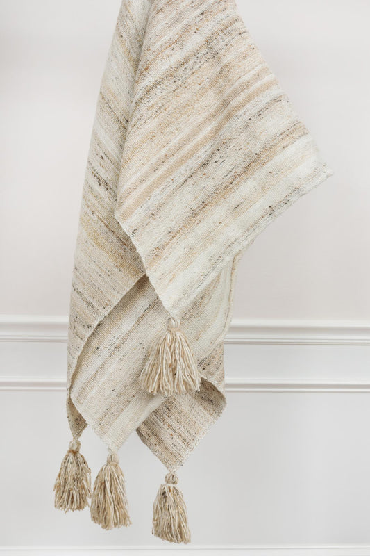 Neutral Woven Striped Blanket with Tassels