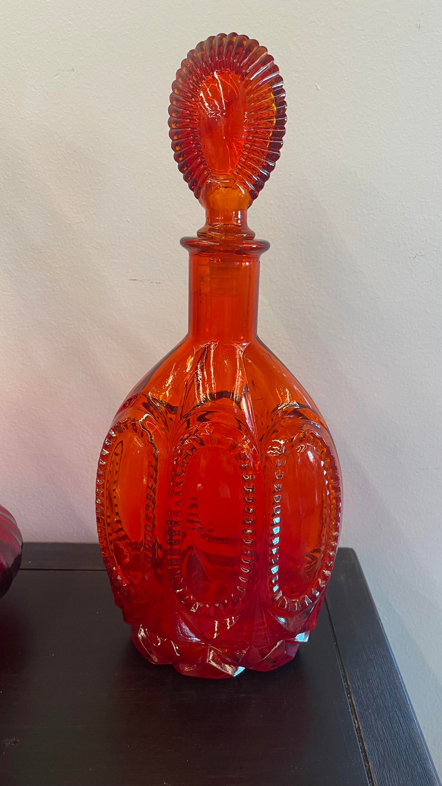 Vtg. Orange/Red Glass Decanter