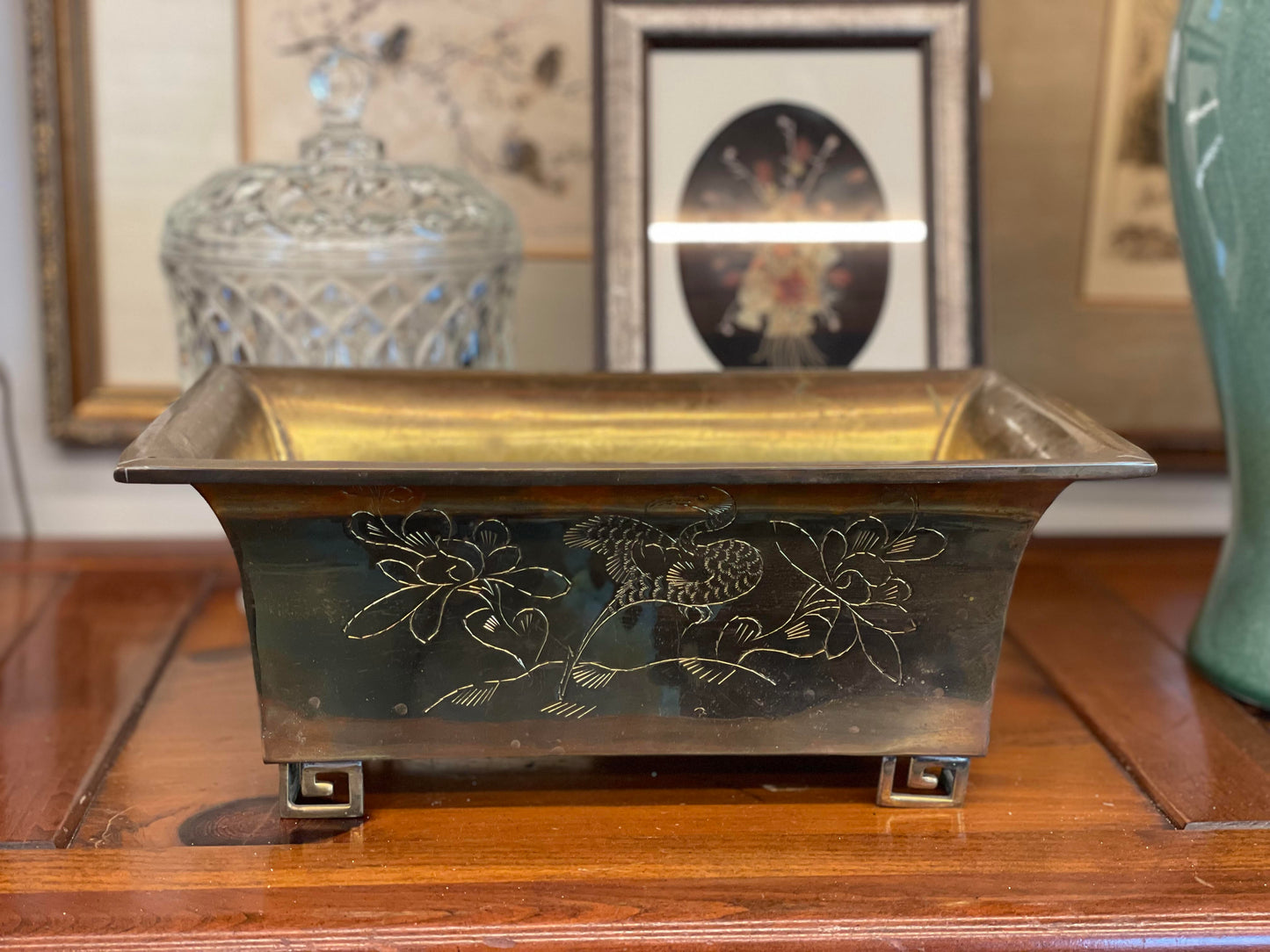 Vtg. Asian Brass Planter with Etching