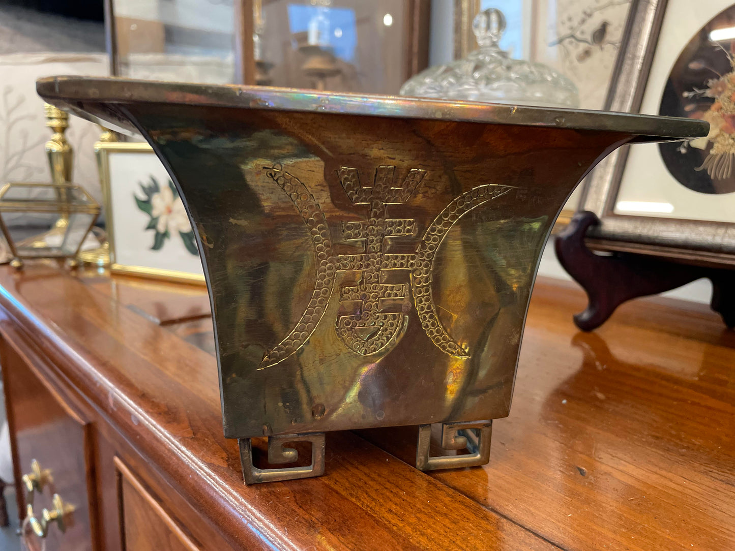 Vtg. Asian Brass Planter with Etching