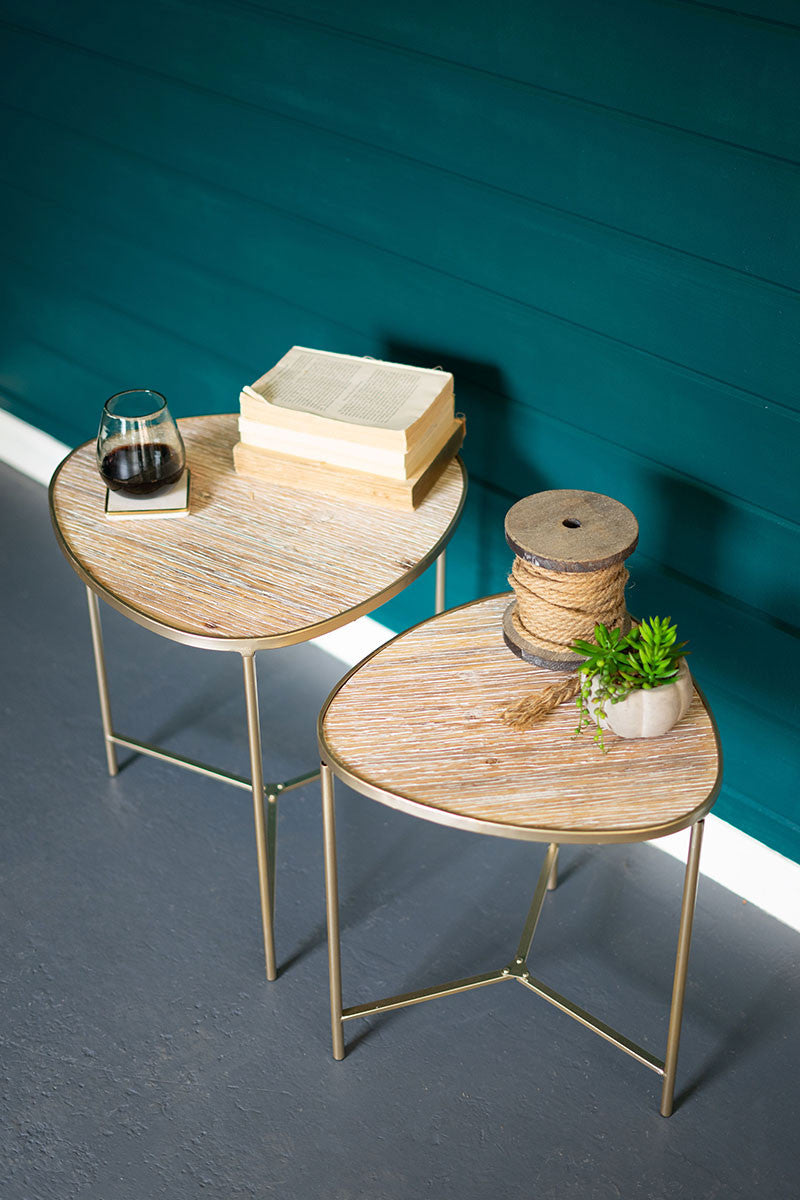 Set of 2 Wood and Gold Metal Side Tables