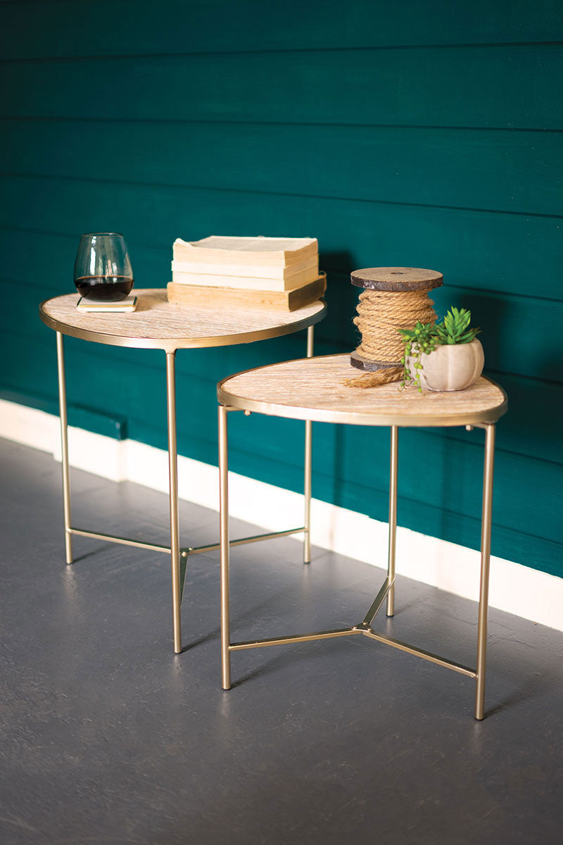 Set of 2 Wood and Gold Metal Side Tables