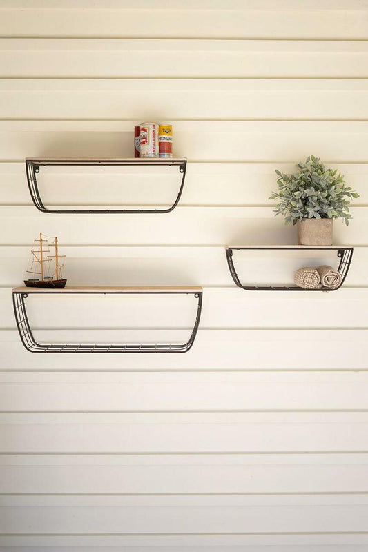 Set of 3 Wood Shelves with Wire Basket